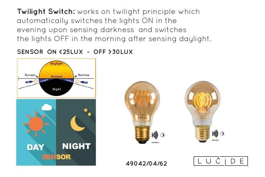 Lucide A60 TWILIGHT SENSOR - Filament bulb - Ø 6 cm - LED - E27 - 1x4W 2200K - Day/Night Sensor - Amber - detail 9